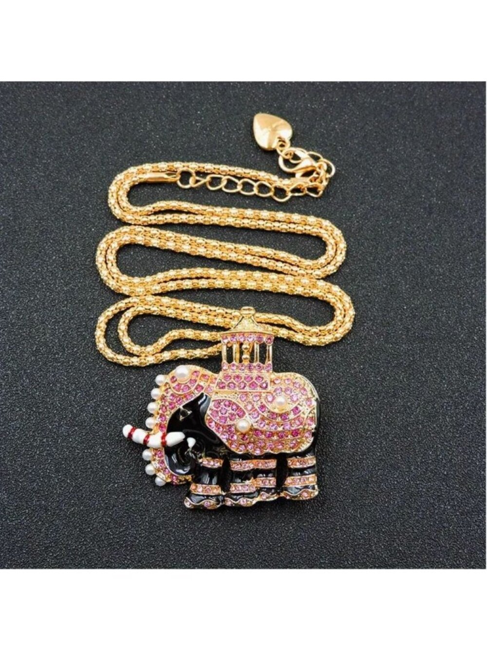 Necklace Imitation Pearl & Pink Crystal Elephant Pendant Gold Tone